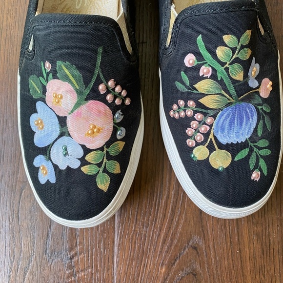Rifle Paper Co. X Keds Floral Beaded Platform Slip On Black Sneakers SZ 6 - Picture 3 of 15